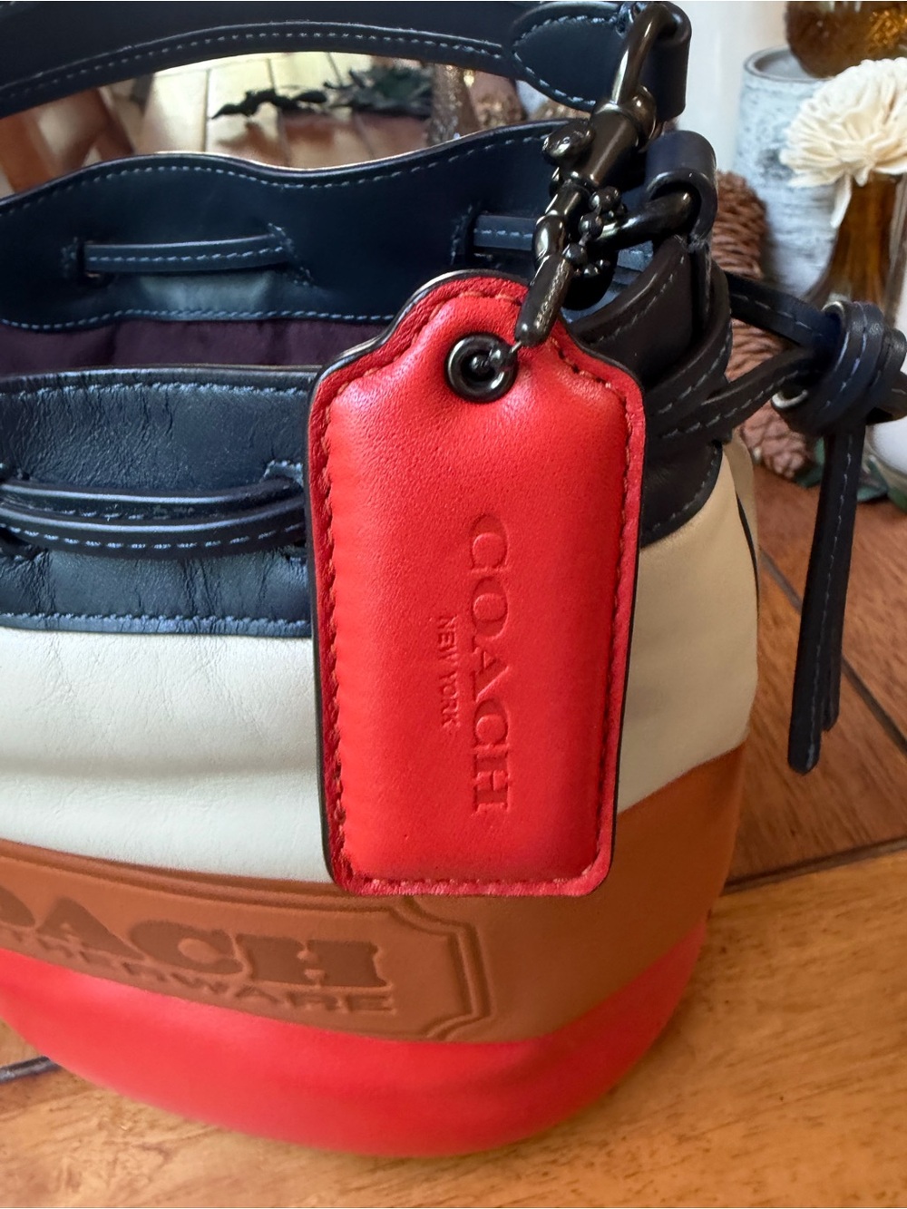 Rare Coach Color-block Leather Bucket Bag - Navy, Cream, Tan & Orange - Picture 2 of 7